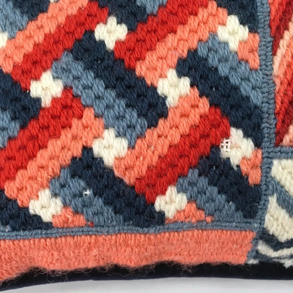 Vintage 1975 Needlepoint Pillow Square Sampler‎ Style Floral Geometric Blue Red